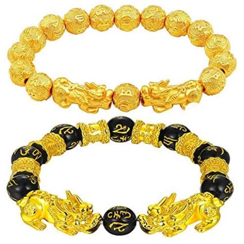 yfstyle 2 Pcs Feng Shui Black Obsidian Wealth Bracelet Elastic Gold Good Luck Bracelet 10mm/ 12mm Pi Xiu/ Pi Yao Beaded Bracelets for Women Men Jewelry Gifts