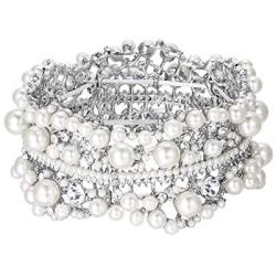 EVER FAITH Austrian Crystal Simulated Pearl Bridal Flower Stretch Bracelet Clear Silver-Tone