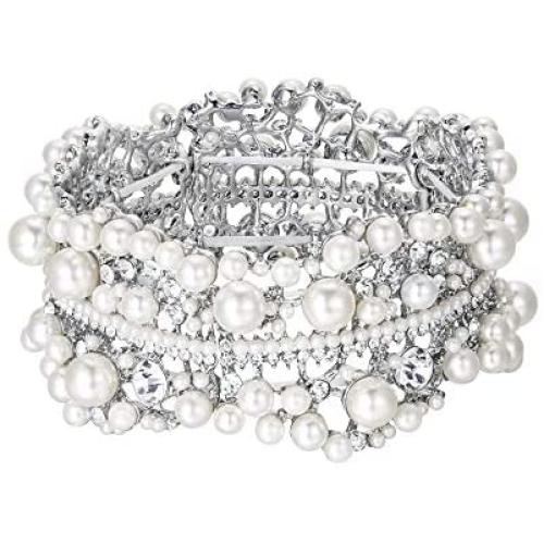 EVER FAITH Austrian Crystal Simulated Pearl Bridal Flower Stretch Bracelet Clear Silver-Tone