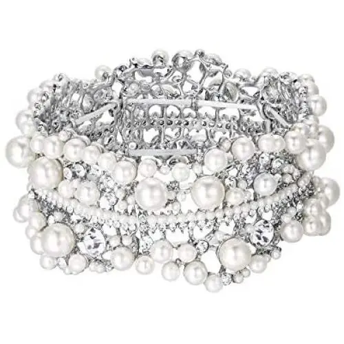 EVER FAITH Austrian Crystal Simulated Pearl Bridal Flower Stretch Bracelet Clear Silver-Tone EVER FAITH Austrian Crystal Simulated Pearl Bridal Flower Stretch Bracelet Clear Silver-Tone