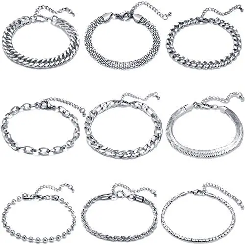17 MILE 9 Pcs Silver Chain Bracelet Set for Women, Fashion Stackable Cuban Link Adjustable Stainless Steel Bracelet for Gifts 17 MILE 9 Pcs Silver Chain Bracelet Set for Women, Fashion Stackable Cuban Link Adjustable Stainless Steel Bracelet for Gifts