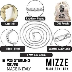 MIZZE Made for Luck 18''-20''-22''-24'' Length 1 MM Italian Sterling Silver Box Chain with Lobster Or Spring Ring Clasp for Men/Women, Nickel Free & Rhodium Plated and Includes Jewelry Care Kit