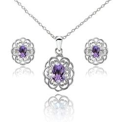 Sterling Silver Genuine Simulated Gemstone Oval Filigree Flower Pendant Necklace Stud Earrings Set