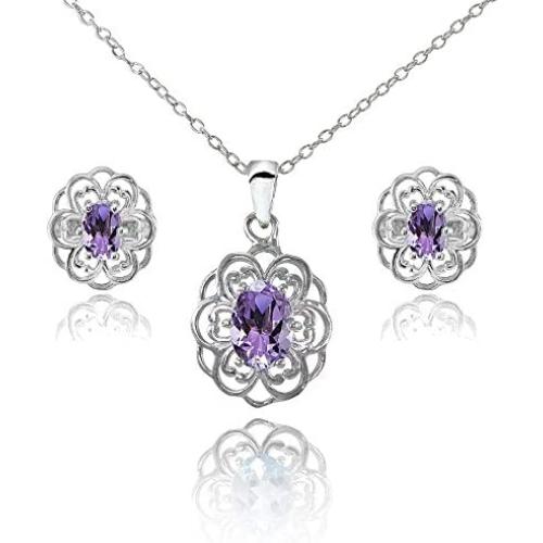 Sterling Silver Genuine Simulated Gemstone Oval Filigree Flower Pendant Necklace Stud Earrings Set