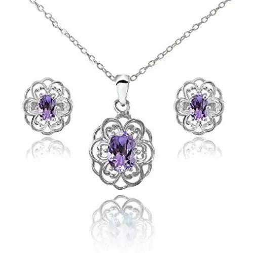 Sterling Silver Genuine Simulated Gemstone Oval Filigree Flower Pendant Necklace Stud Earrings Set Sterling Silver Genuine Simulated Gemstone Oval Filigree Flower Pendant Necklace Stud Earrings Set