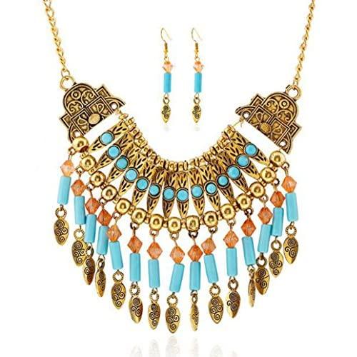 CrazyPiercing Ethnic Tribal Boho Necklace Earrings Set, Vintage Alloy Gold Boho Bohemian Necklace, Turquoise Beads Statement Necklace and Earrings Jewelry Set for Women Girls