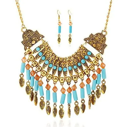 CrazyPiercing Ethnic Tribal Boho Necklace Earrings Set, Vintage Alloy Gold Boho Bohemian Necklace, Turquoise Beads Statement Necklace and Earrings Jewelry Set for Women Girls CrazyPiercing Ethnic Tribal Boho Necklace Earrings Set, Vintage Alloy Gold Boho Bohemian Necklace, Turquoise Beads Statement Necklace and Earrings Jewelry Set for Women Girls