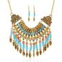 CrazyPiercing Ethnic Tribal Boho Necklace Earrings Set, Vintage Alloy Gold Boho Bohemian Necklace, Turquoise Beads Statement Necklace and Earrings Jewelry Set for Women Girls