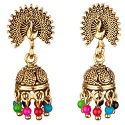 Efulgenz Boho Vintage Antique Gypsy Tribal Indian Oxidized Gold Pearl Drop Enamel Peacock Jhumka Jhumki Earrings Set Jewelry