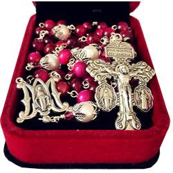 elegantmedical Handmade Red Tiger Eye Beads Sterling Silver 10mm Real Pearl Rosary Cross Necklace Catholic Gift