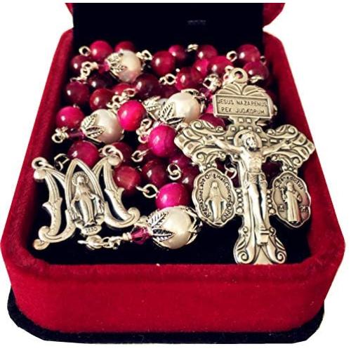 elegantmedical Handmade Red Tiger Eye Beads Sterling Silver 10mm Real Pearl Rosary Cross Necklace Catholic Gift