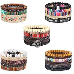 Finrezio 24 Pcs Braided Leather Bracelet Set for Women Men Wristbands Boho Ethnic Tribal Linen Hemp Cords Beads Wrap Bracelets String Handmade Jewelry