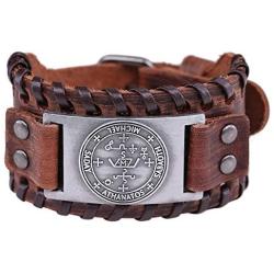 VASSAGO Gothic Vintage Amulet Seal of Solomon The Sigil of Archangel Michael Brown Metal Connector Leather Bracelet