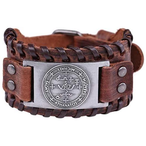 VASSAGO Gothic Vintage Amulet Seal of Solomon The Sigil of Archangel Michael Brown Metal Connector Leather Bracelet
