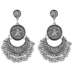 Efulgenz Boho Vintage Antique Ethnic Gypsy Tribal Indian Oxidized Silver Black Chandbali Jhumka Earrings Jewelry