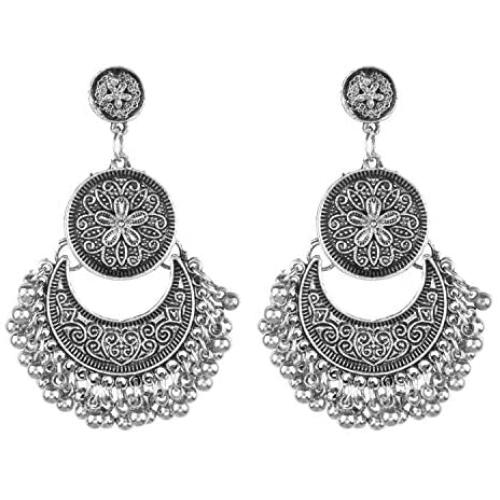 Efulgenz Boho Vintage Antique Ethnic Gypsy Tribal Indian Oxidized Silver Black Chandbali Jhumka Earrings Jewelry