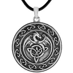 HAQUIL Dragon Necklace - Metal Alloy, Celtic Dragon Medallion Pendant - PU Leather Cord, 19.7''