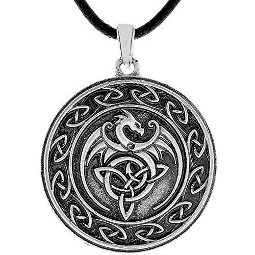 HAQUIL Dragon Necklace - Metal Alloy, Celtic Dragon Medallion Pendant - PU Leather Cord, 19.7''