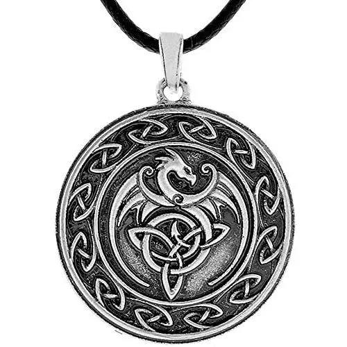 HAQUIL Dragon Necklace - Metal Alloy, Celtic Dragon Medallion Pendant - PU Leather Cord, 19.7'' HAQUIL Dragon Necklace - Metal Alloy, Celtic Dragon Medallion Pendant - PU Leather Cord, 19.7''