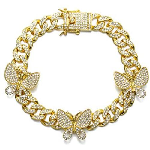 kelistom 18K/White Gold Plated Spinning Butterfly Anklet for Women Teen Girls Men, 12MM Iced Out Rhinestones Filled Chain Punk Hip-hop Ankle Bracelet, 9/10 inches
