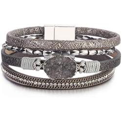 FANCY SHINY Leather Wrap Bracelet Boho Cuff Bracelets Crystal Bead Bracelet with Magnetic Clasp Jewelry Gifts for Women Teen Girls