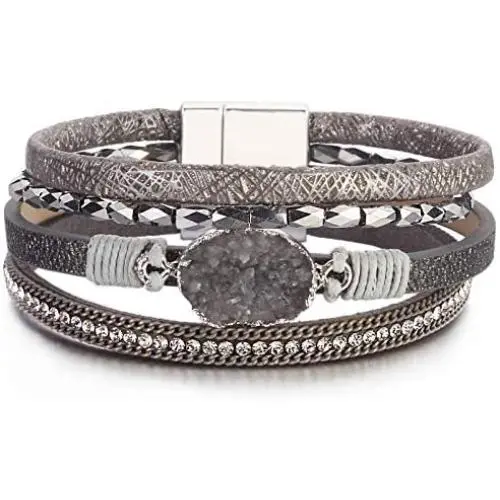 FANCY SHINY Leather Wrap Bracelet Boho Cuff Bracelets Crystal Bead Bracelet with Magnetic Clasp Jewelry Gifts for Women Teen Girls
