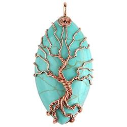 Top Plaza Vintage Copper Tree of Life Wire Wrapped Horse Eye Shape Natural Gemstone Pendant Necklace Chakra Reiki Healing Crystal Jewelry for Women - Synthetic Green Turquoise