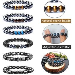 Jewdreamer 10Pcs Hematite Magnetic Bracelets for Men Women Tiger Eye Natural Stone Beaded Bracelets Magnetic Therapy Bracelet Lava Rock Oil Diffuser Aromatherapy Bracelets Set