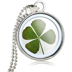 FM FM42 Gold/Silver Tone Dried Leaves Lucky 4-Leaf Clover Round Glass Locket Pendant Necklace