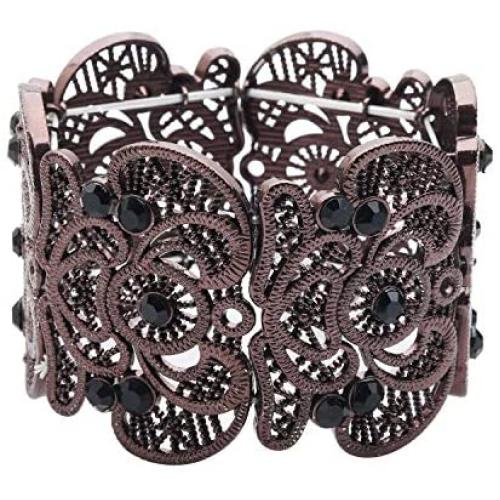 D EXCEED Womens Bohemian Lace Bracelet Vintage Filigree Cuff Bangle Bracelet Wide Stretch Rhinestone Bracelets for Ladies