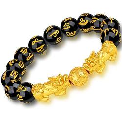 Feng Shui Amulet Bracelet Prosperity 12mm Mantra Bead Bracelet with Double Gold Plated Pi Xiu/Pi Yao Attract Lucky and Wealthy Bangle