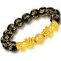 Feng Shui Amulet Bracelet Prosperity 12mm Mantra Bead Bracelet with Double Gold Plated Pi Xiu/Pi Yao Attract Lucky and Wealthy Bangle