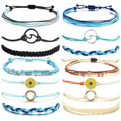 Bracelets for Teen Girls Wave Strand Anklet Bracelets Set,Handmade Cute Sunflower Adjustable Braided Rope Bracelet Bohemian Beach Friendship Jewelry Christmas Gifts