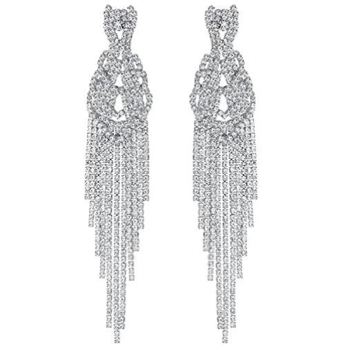 mecresh Silver Rhinestone Crystal Bridal Chandelier Long Tassels Dangle Earrings for Wedding