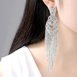 mecresh Silver Rhinestone Crystal Bridal Chandelier Long Tassels Dangle Earrings for Wedding