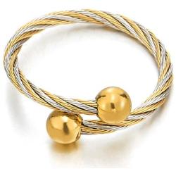 COOLSTEELANDBEYOND A Set of Ladies Adjustable Stainless Steel Gold Silver Twisted Cable Bangle Ball Bracelet and Ring