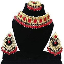 Finekraft Meena Kundan Bridal Wedding Designer Gold Plated Pearls Necklace Jewelry Set