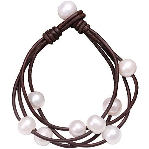 Cultured Freshwater Pearl Wrap Bracelet on Multi Strands Leather Beaded Jewelry for Women by Aobei