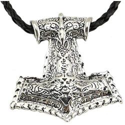 Viking Necklace Norse Amulet Mjolnir Pendant Leather Chain Thors Hammer Necklace Celtic Pagan Symbol Jewelry for Men Unisex