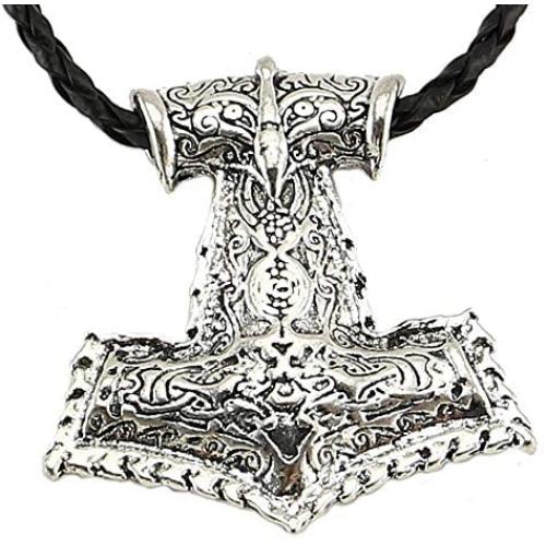 Viking Necklace Norse Amulet Mjolnir Pendant Leather Chain Thors Hammer Necklace Celtic Pagan Symbol Jewelry for Men Unisex