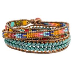 NOVICA Aventurine and Glass Blue and Red Beaded Bohemian Wrap Bracelet, 22'' Colors of Hope