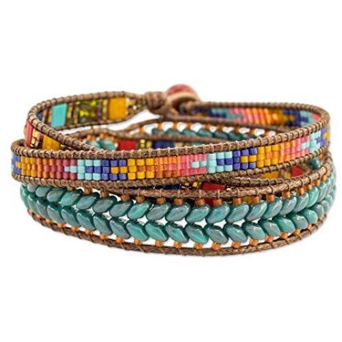 NOVICA Aventurine and Glass Blue and Red Beaded Bohemian Wrap Bracelet, 22'' Colors of Hope