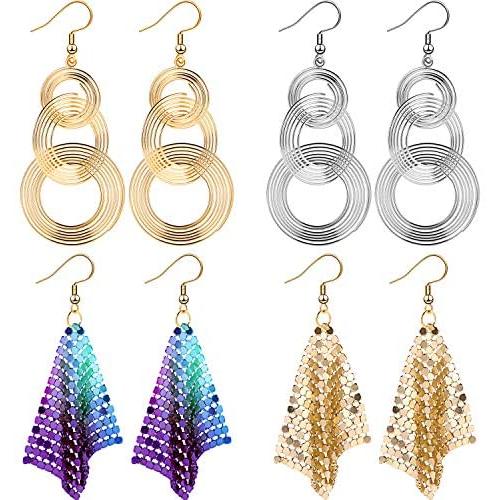 70s Disco Earrings Sequin Earrings Metal Mesh Grid Tassel Drop Dangle Earrings Long Hook Earrings Women Girls, Gold Silver Colorful