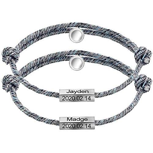 ORFAN Magnetic Couples Bracelet Set Adjustable Attract Bracelet for Couples Engraved Love Bracelet for Valentines Day (Gray and Gray, Custom)