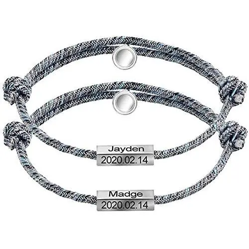 ORFAN Magnetic Couples Bracelet Set Adjustable Attract Bracelet for Couples Engraved Love Bracelet for Valentines Day (Gray and Gray, Custom) ORFAN Magnetic Couples Bracelet Set Adjustable Attract Bracelet for Couples Engraved Love Bracelet for Valentines Day (Gray and Gray, Custom)