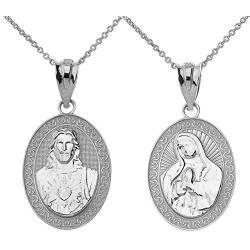 925 Sterling Silver Sacred Heart Of Jesus, Immaculate Heart of Mary Medal Reversible Pendant Necklace