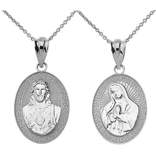 925 Sterling Silver Sacred Heart Of Jesus, Immaculate Heart of Mary Medal Reversible Pendant Necklace