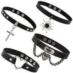 yfstyle 4 Pcs Gothic Leather Choker Necklaces Bracelets for Women Girls Black PU Spike Layere Lock Necklaces Adjustable Double Layer O Ring Collar Heart Necklace Punk Jewelry Gifts