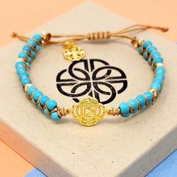 Chakra Bracelet Turquoise Bead Nylon Rope Double Wrap Bracelet for Women Beaded Bracelet Look with Gold Power Chakra Charm, Energy Bracelet Adjustable 6.5''-8.5''