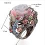 Retro Cocktail Statement Ring Enamel Resin Stones Rose Flower Crystal Stacking Rings Rhinestone Inlaid Band Party Jewelry for Women Girl